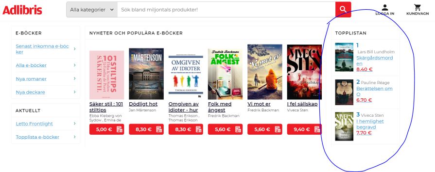 Topplista för e-böcker på Adlibris.